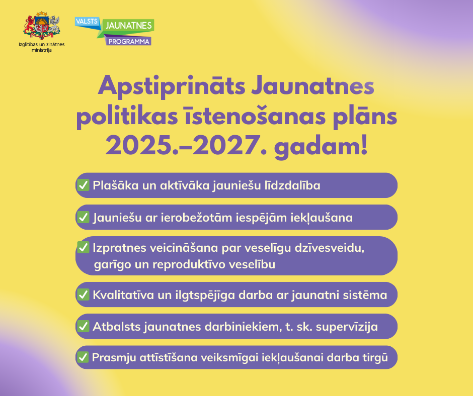 Apstiprināts Jaunatnes politikas īstenošanas plāns 2025.–2027. gadam 